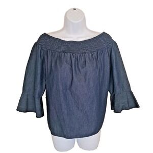 Collective Concepts Popover Top M Blue Denim Chambray Boat Neck Bell Sleeves